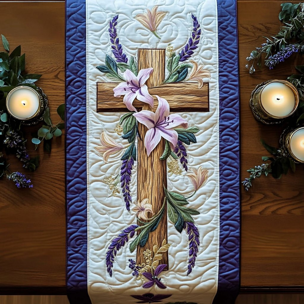 Wooden Cross with Lilies and Lavender Table Runner - Made to Order TABLE928