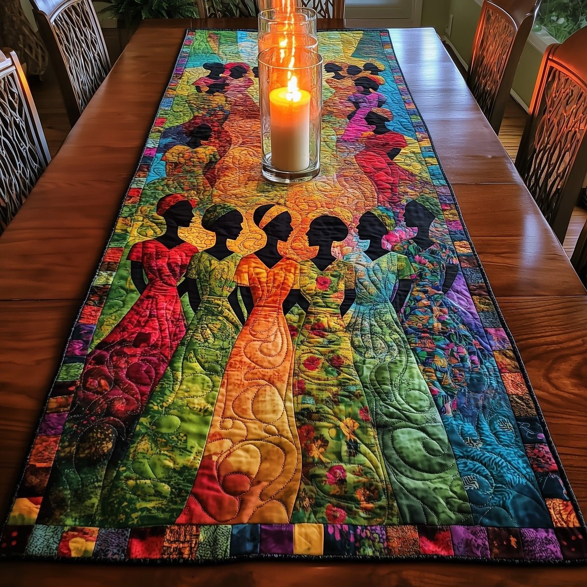 Women in Bright Gowns on Green Table Runner - Made to Order TABLE928