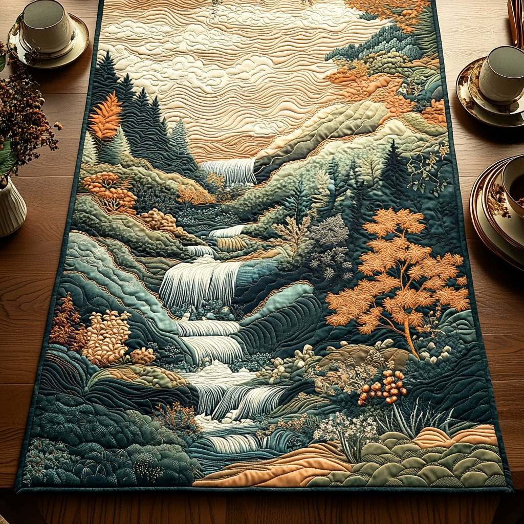 Woodblock Japanese Waterfall Serenade Table Runner - Made to Order TABLE928