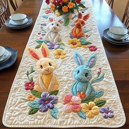 Yellow and Blue Bunnies on Cream Table Runner - Made to Order TABLE928