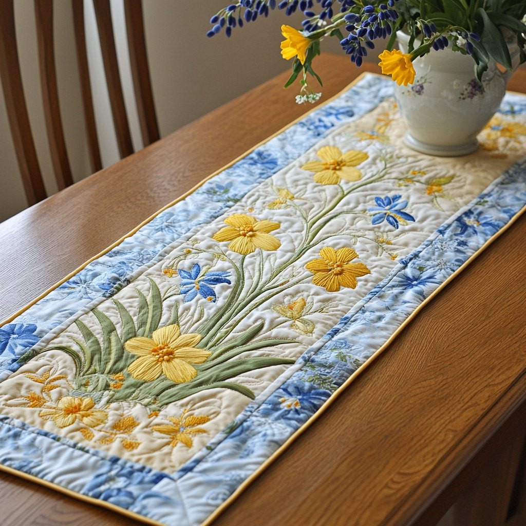 Yellow Daffodils on Pale Blue Table Runner - Made to Order TABLE928