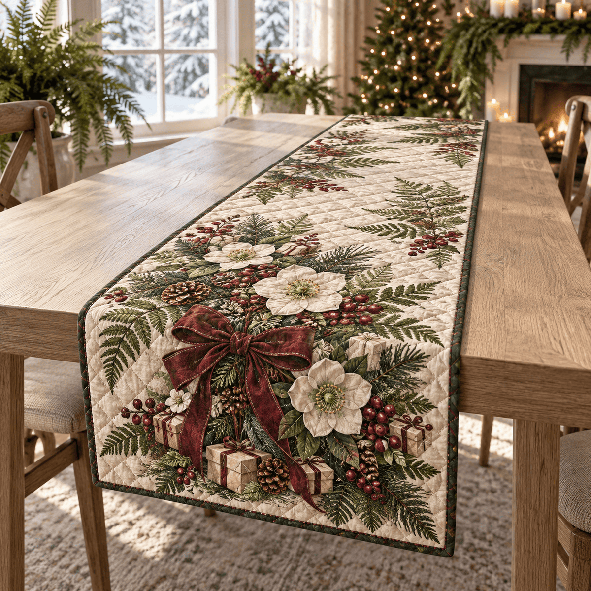 Holiday Fern Christmas Quilted Table Runner TABLE928