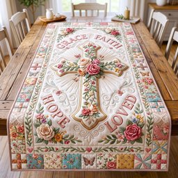 Rose Cross Grace Faith Hope Table Runner - Made to Order TABLE928