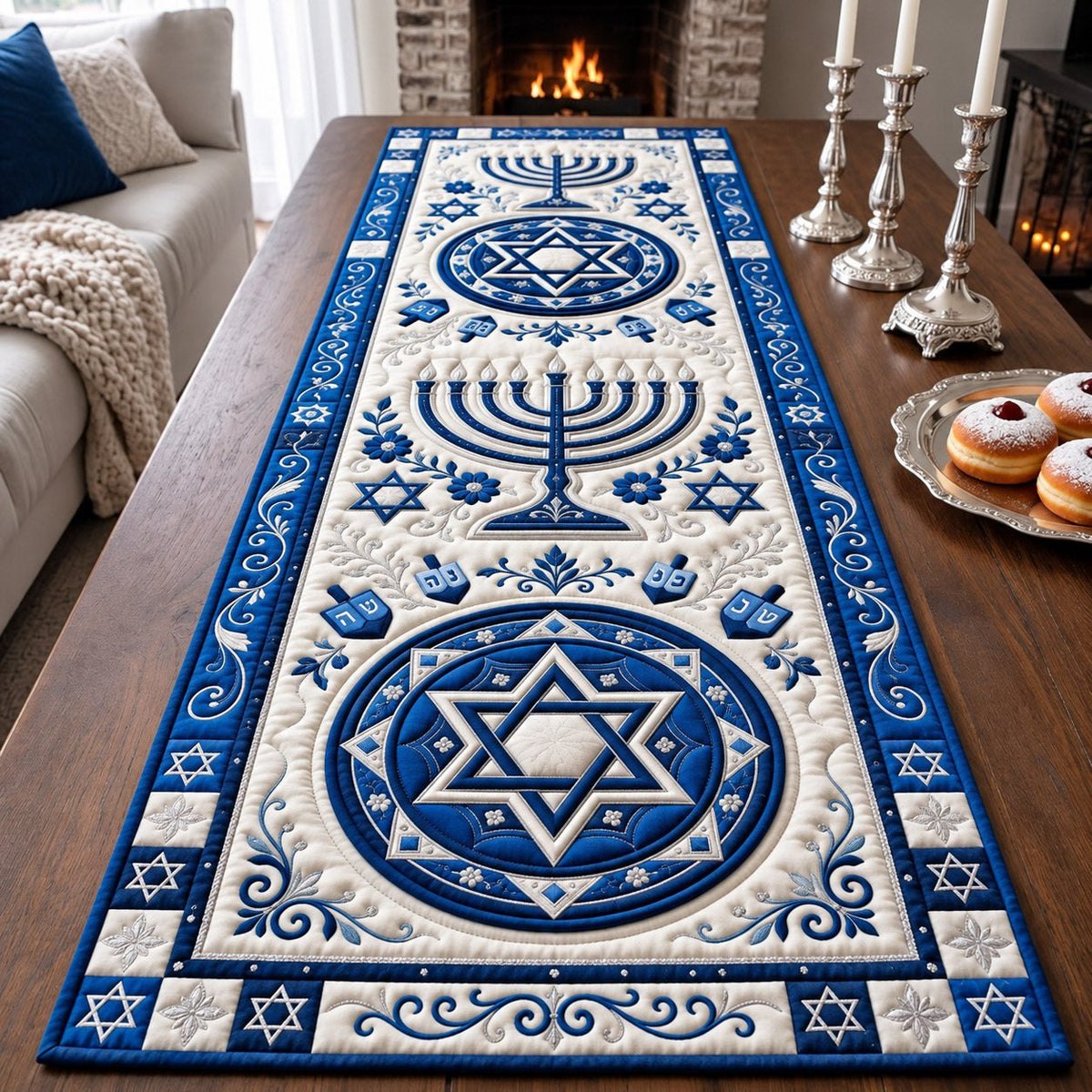 Blue Blossom Hanukkah Floral Table Runner - Made to Order TABLE928