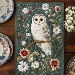 White Owl with Daisies on Green Table Runner - Made to Order TABLE928