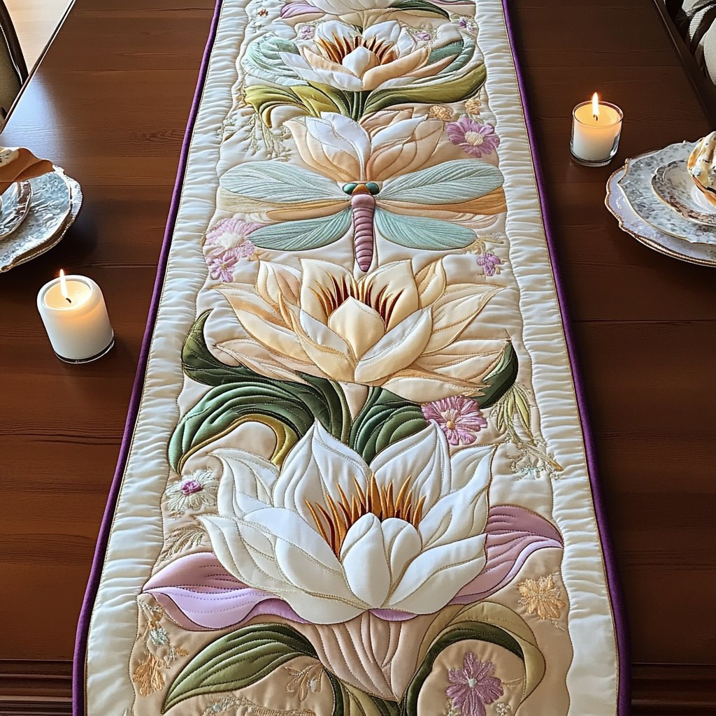 White Lotus with a Dragonfly Table Runner - Made to Order TABLE928
