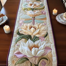 White Lotus with a Dragonfly Table Runner - Made to Order TABLE928