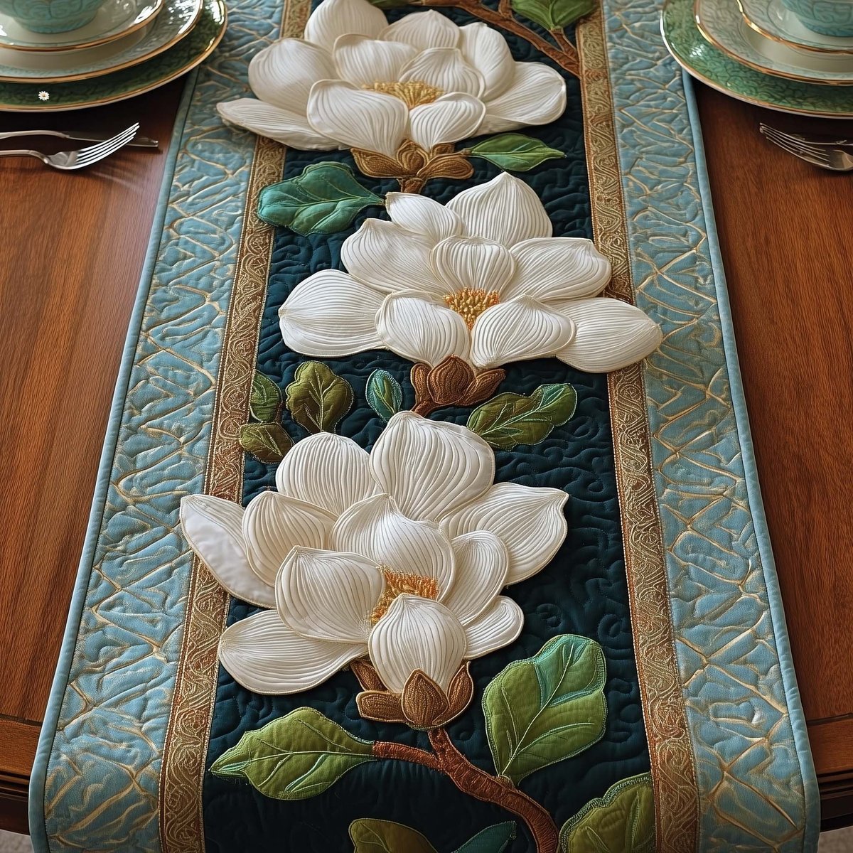 White Magnolia on Pale Blue Table Runner - Made to Order TABLE928