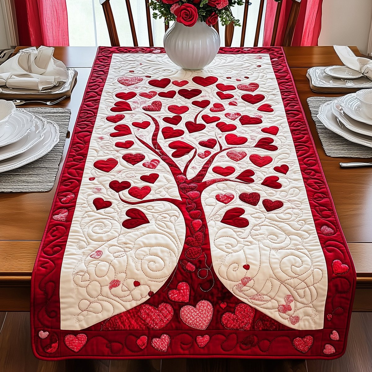Wide Heart Tree with Pink Blooms Table Runner - Made to Order TABLE928