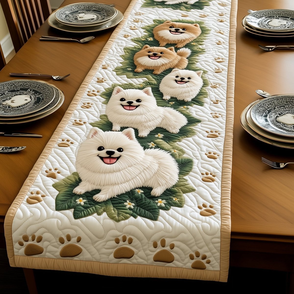 White Pomeranian with Paw Prints Table Runner - Made to Order TABLE928