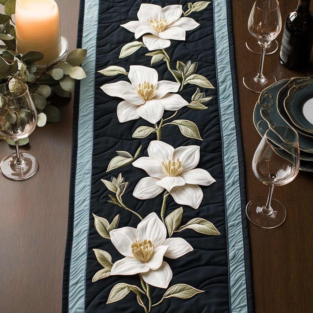 White Magnolia on Black Stripe Table Runner - Made to Order TABLE928
