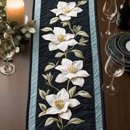 White Magnolia on Black Stripe Table Runner - Made to Order TABLE928