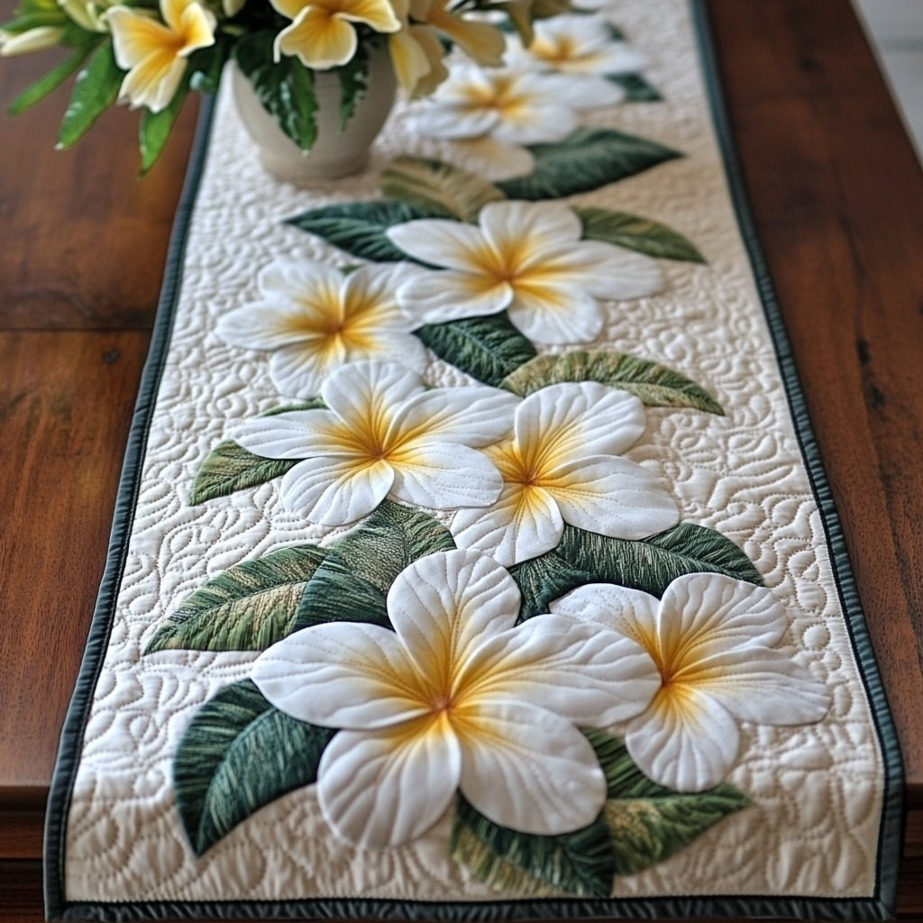White Plumeria on Cream Panel Table Runner - Made to Order TABLE928