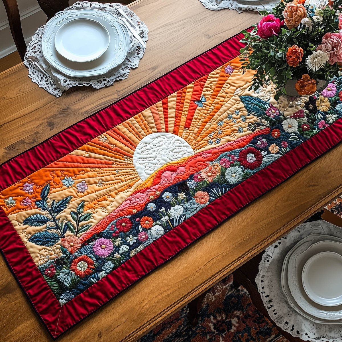 White Sun with Red Ray Border Table Runner - Made to Order TABLE928