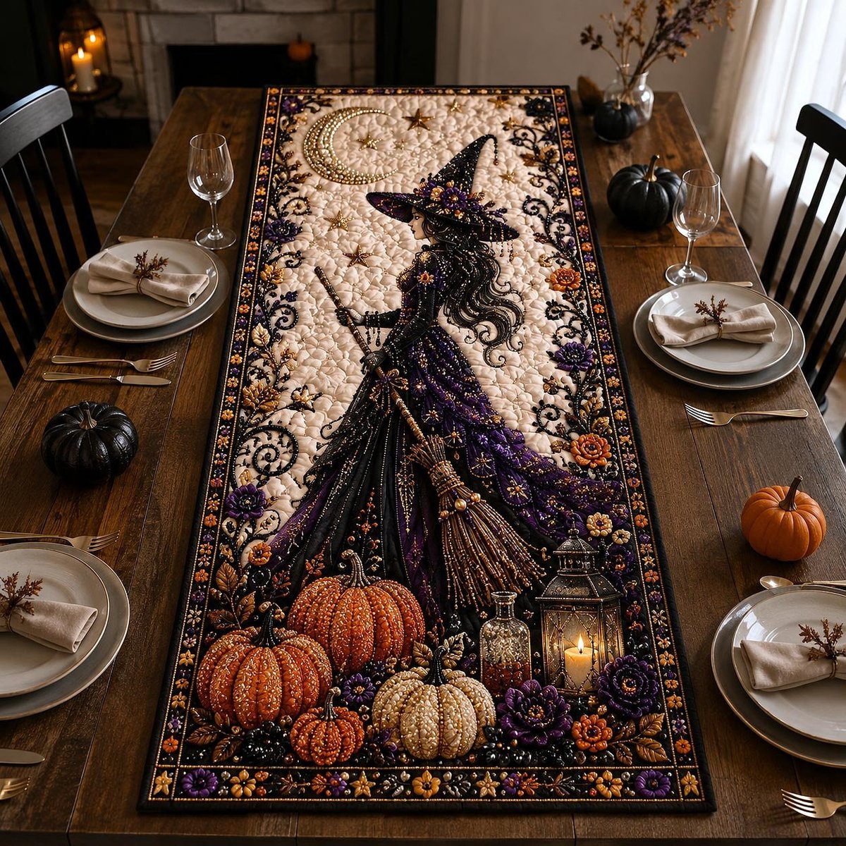 Witch Silhouette with Broom and Pumpkins Table Runner - Made to Order TABLE928