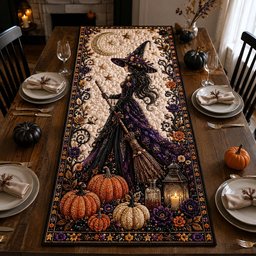 Witch Silhouette with Broom and Pumpkins Table Runner - Made to Order TABLE928