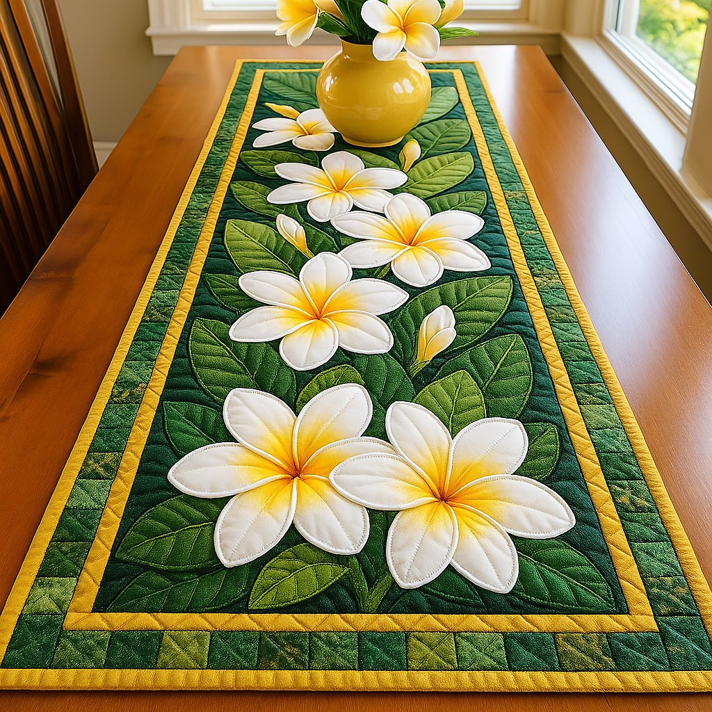 White Plumeria on Green Stripes Table Runner - Made to Order TABLE928