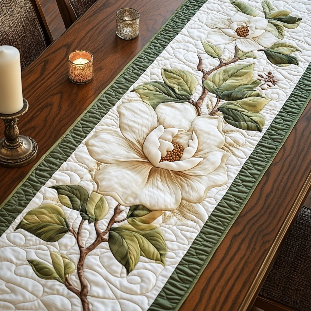 White Magnolia on Cream and Sage Table Runner - Made to Order TABLE928