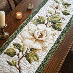 White Magnolia on Cream and Sage Table Runner - Made to Order TABLE928