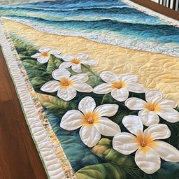 White Plumeria on Green Table Runner - Made to Order TABLE928