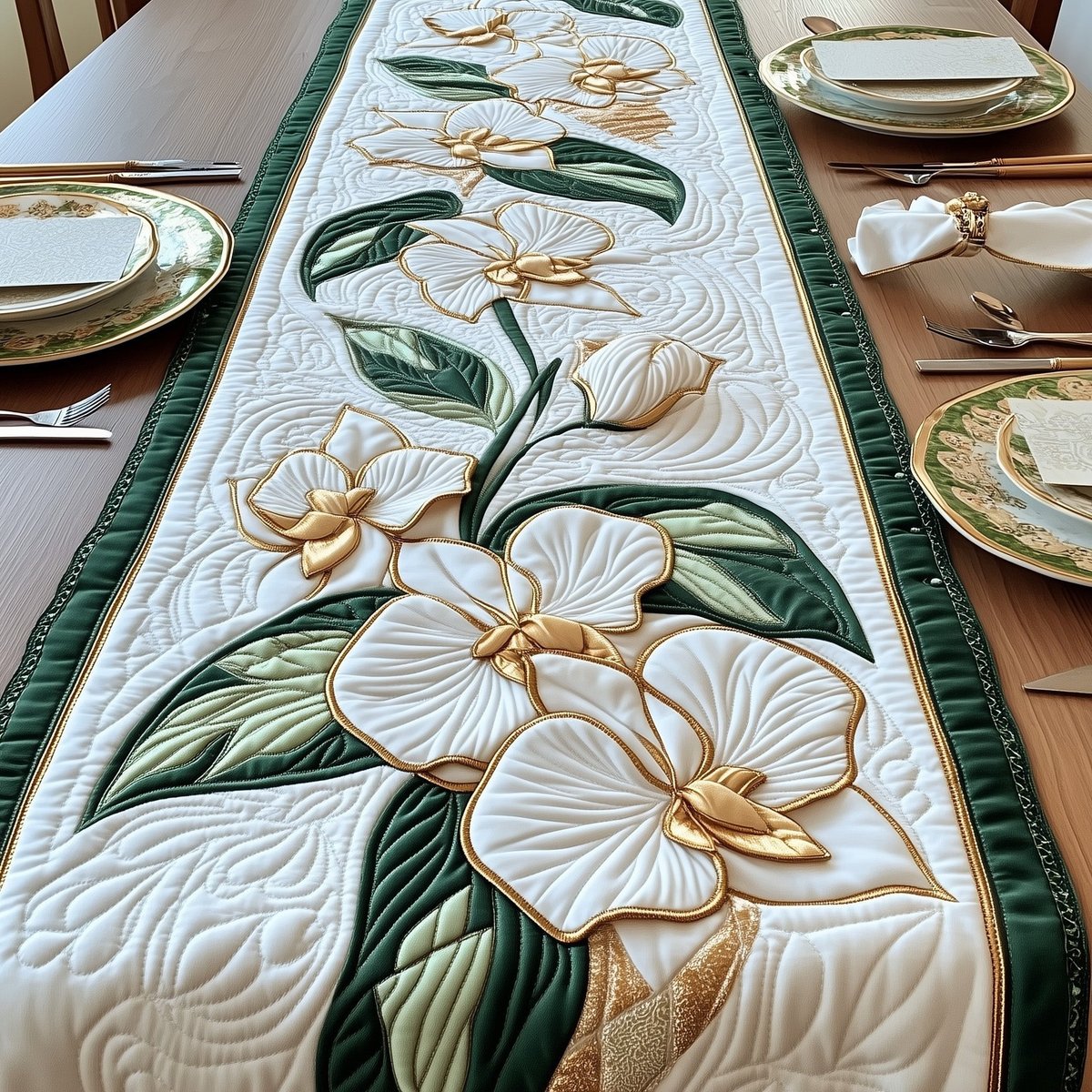 White Orchids on Ivory Quilt Table Runner - Made to Order TABLE928