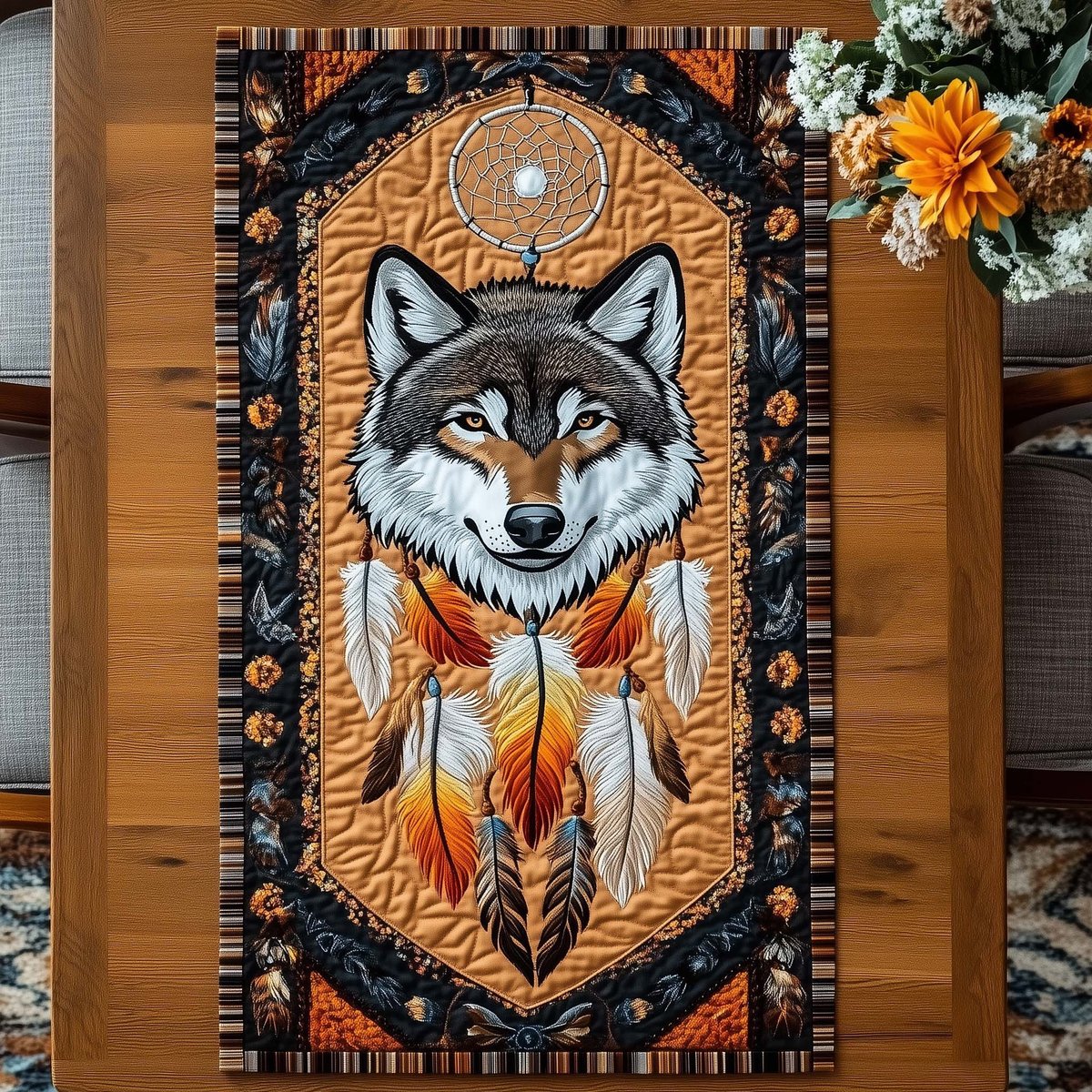 Wolf with Dreamcatcher on Orange Table Runner - Made to Order TABLE928