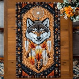 Wolf with Dreamcatcher on Orange Table Runner - Made to Order TABLE928