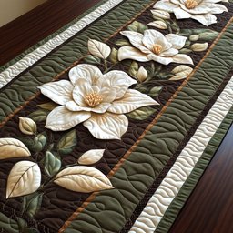 White Magnolia on Deep Green Table Runner - Made to Order TABLE928
