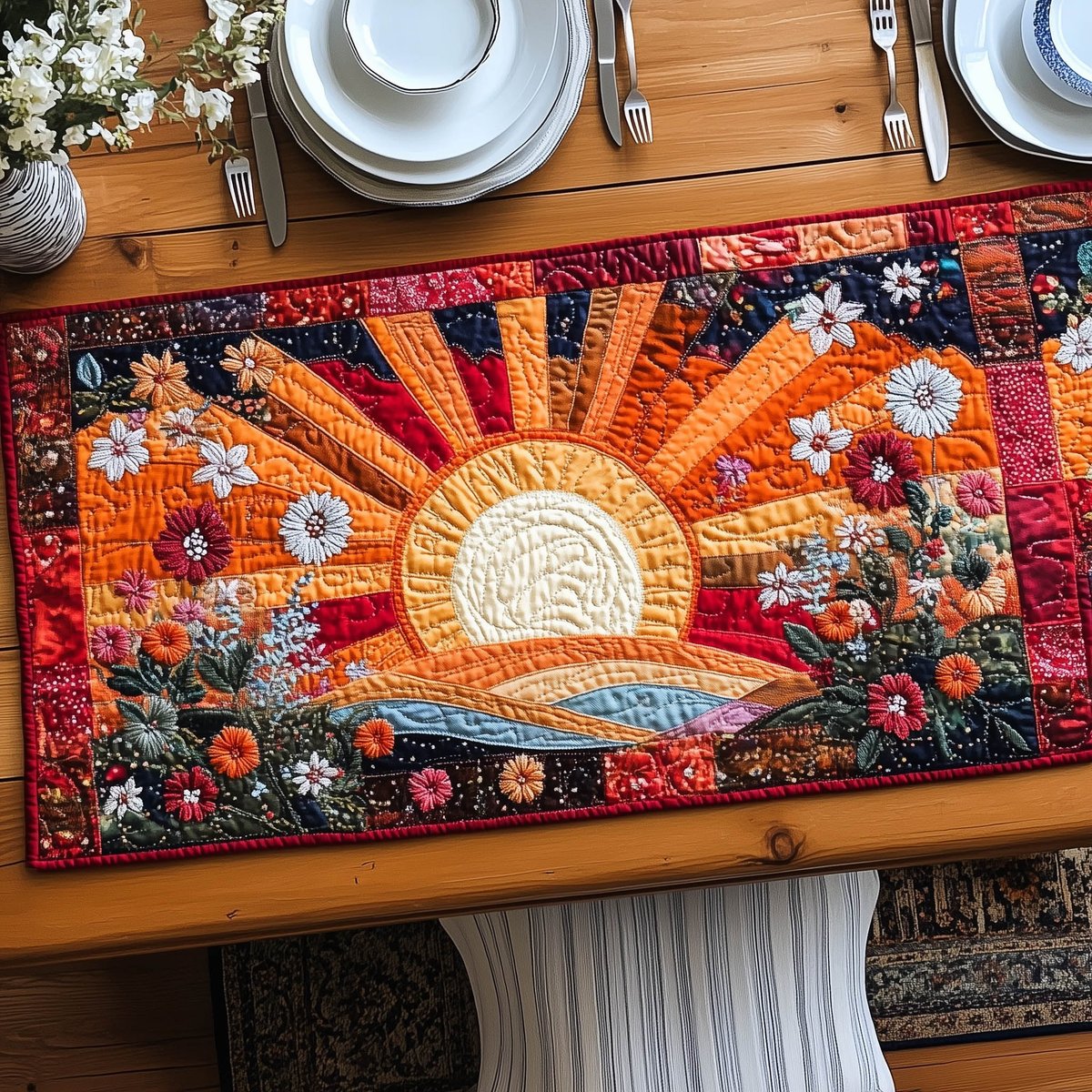 White Sun Rising Over Flower Field Table Runner - Made to Order TABLE928