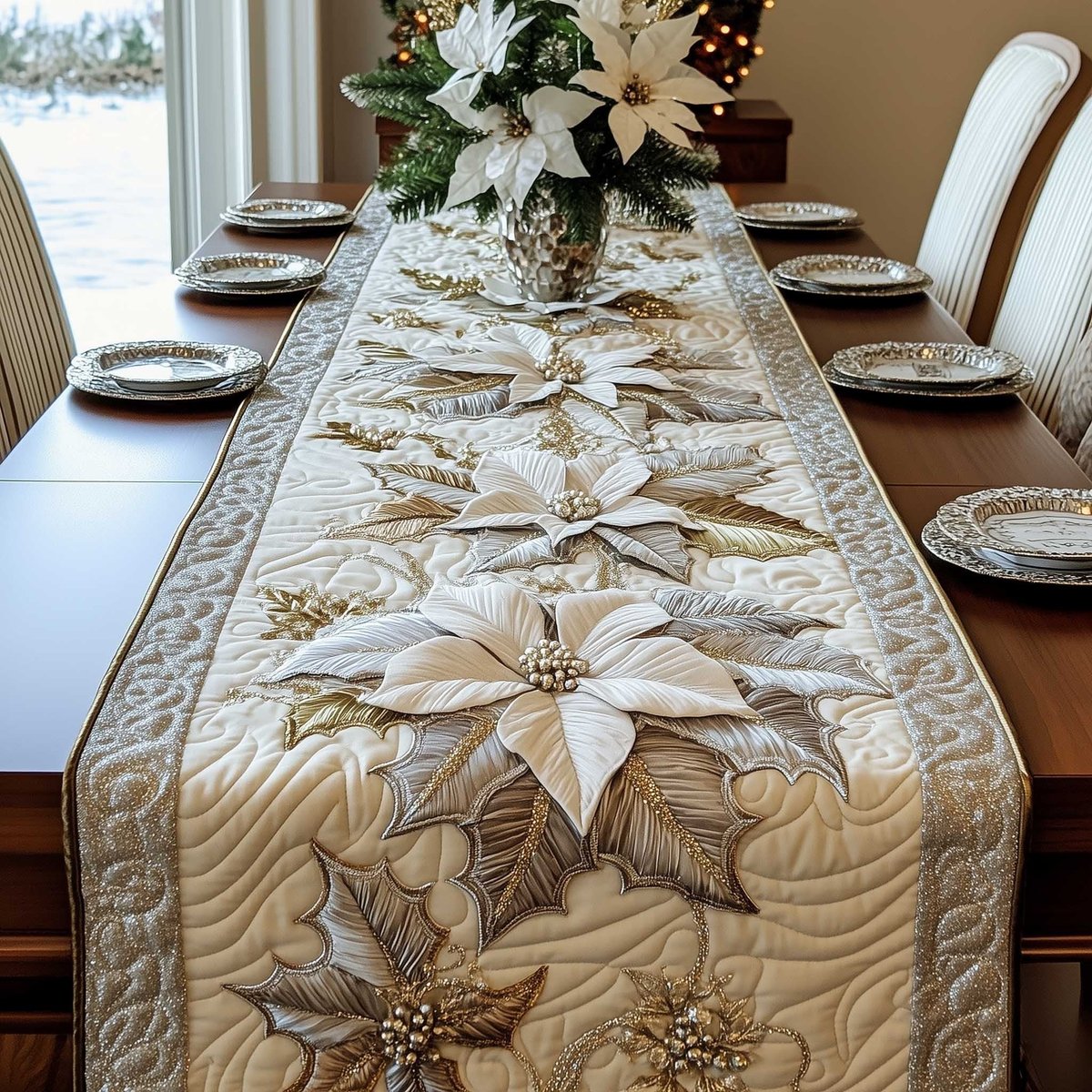 White Poinsettia on Cream and Gold Table Runner - Made to Order TABLE928