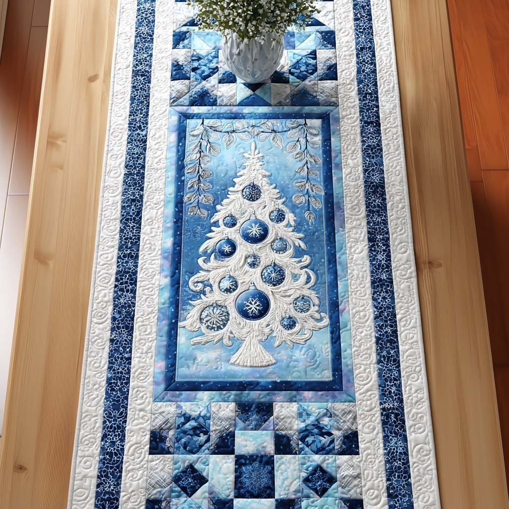 White Tree on Blue Checkered Panel Table Runner - Made to Order TABLE928