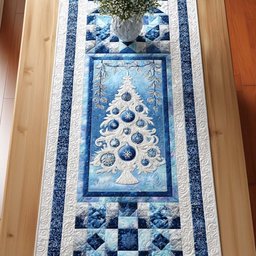 White Tree on Blue Checkered Panel Table Runner - Made to Order TABLE928