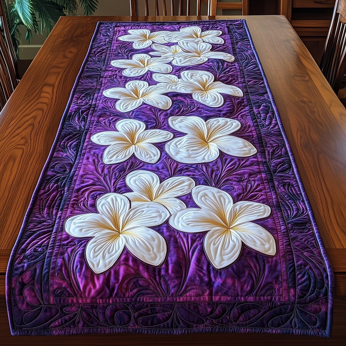 White Plumeria on Purple Background Table Runner - Made to Order TABLE928