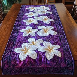 White Plumeria on Purple Background Table Runner - Made to Order TABLE928