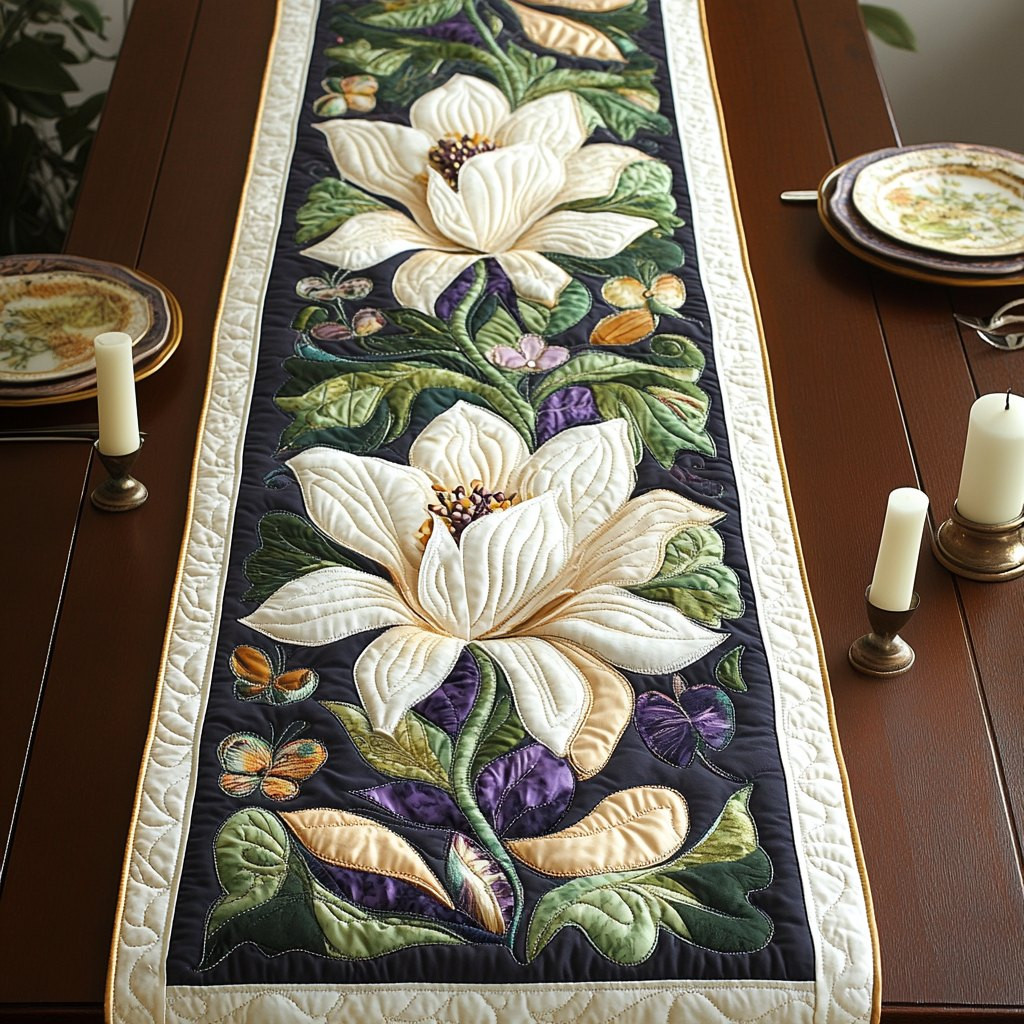 White Magnolias on Dark Green Table Runner - Made to Order TABLE928