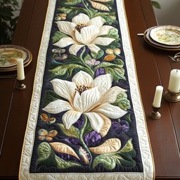 White Magnolias on Dark Green Table Runner - Made to Order TABLE928