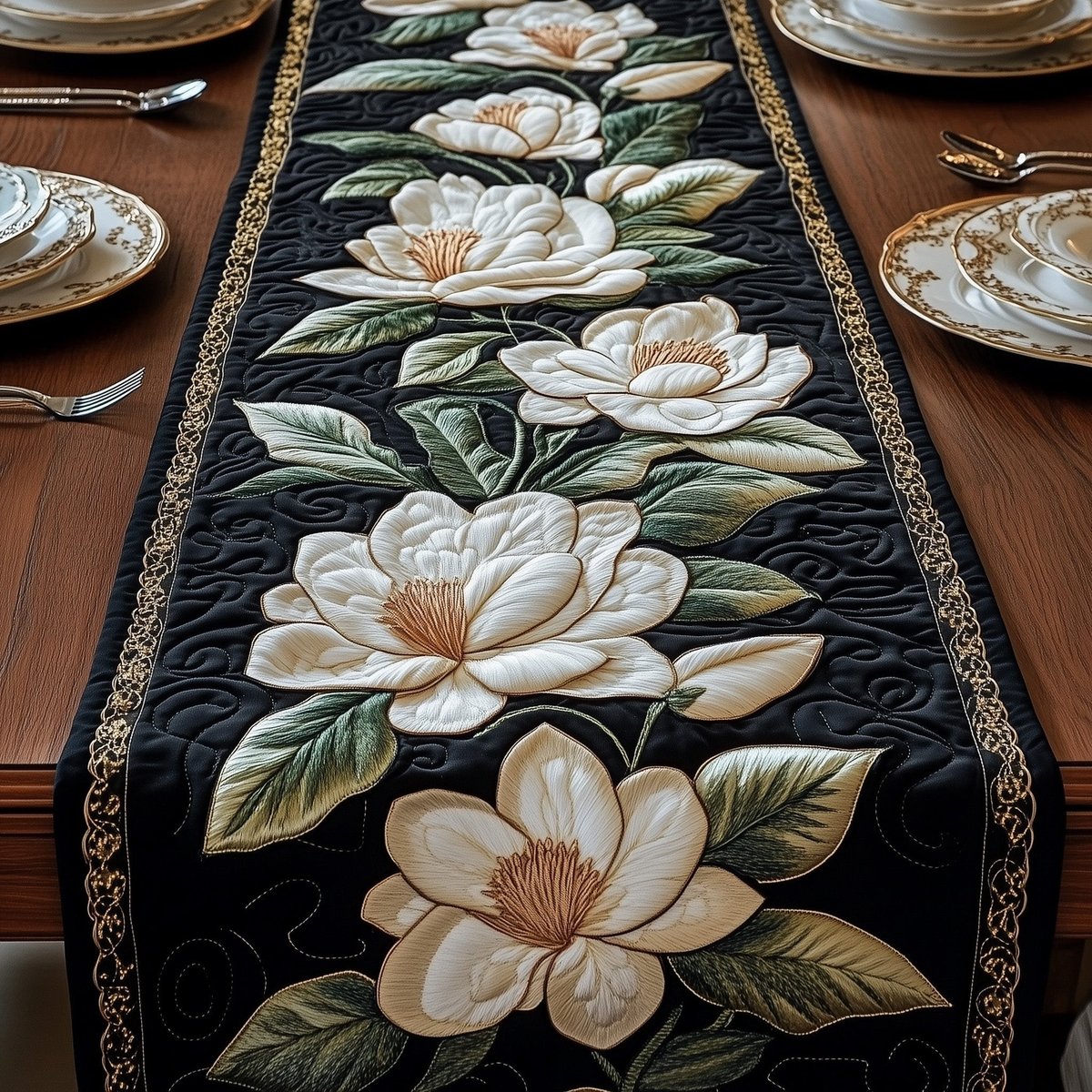 White Magnolia on Black Ground Table Runner - Made to Order TABLE928