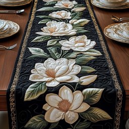 White Magnolia on Black Ground Table Runner - Made to Order TABLE928