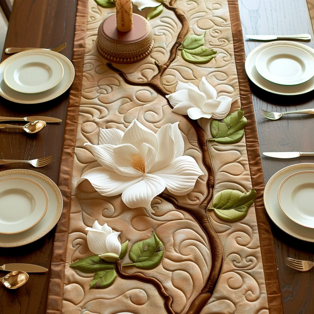 White Magnolia on Tan Swirls Table Runner - Made to Order TABLE928