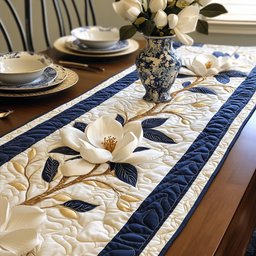 White Magnolia on Navy Stripes Table Runner - Made to Order TABLE928