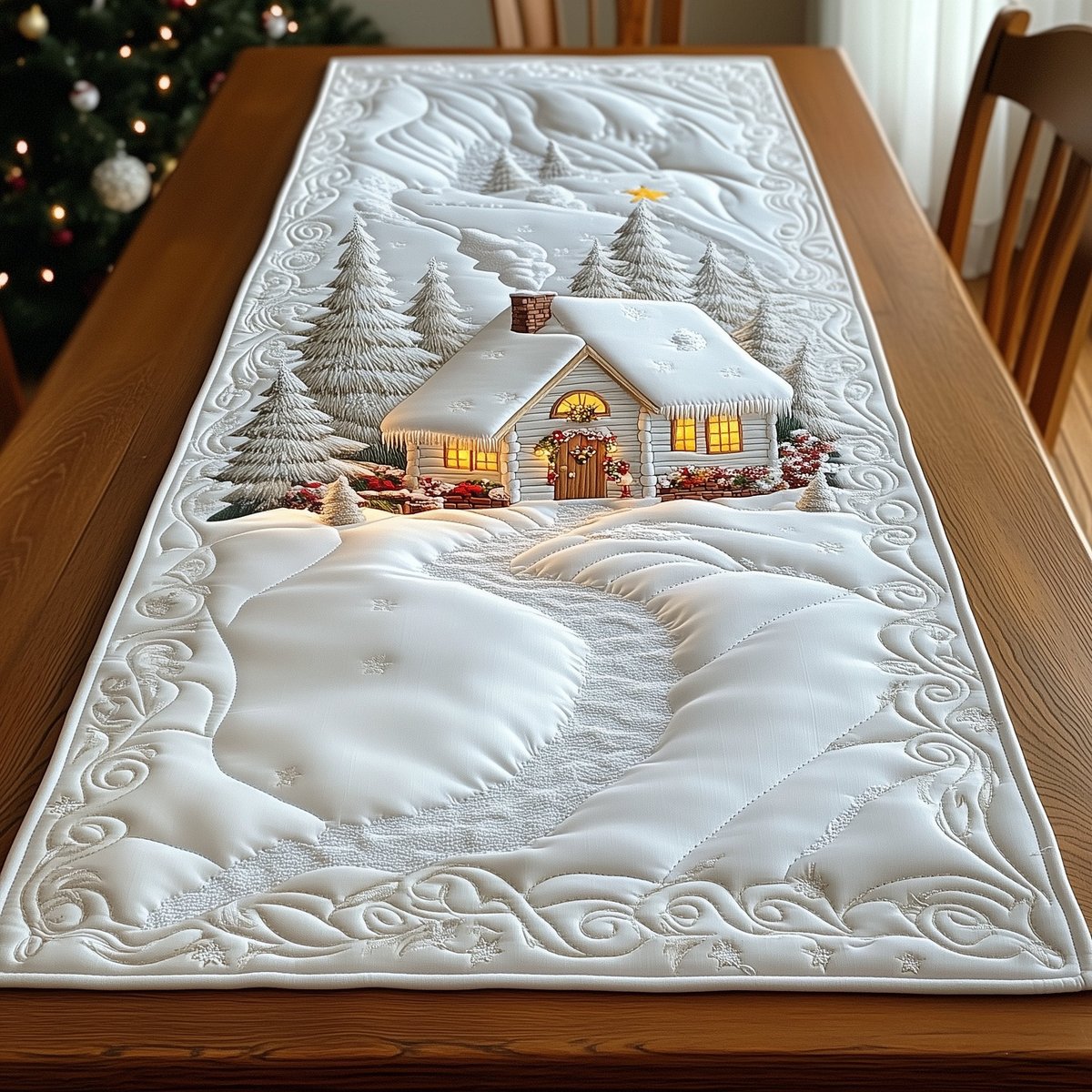 White Quilted Cottage in the Snow Table Runner - Made to Order TABLE928