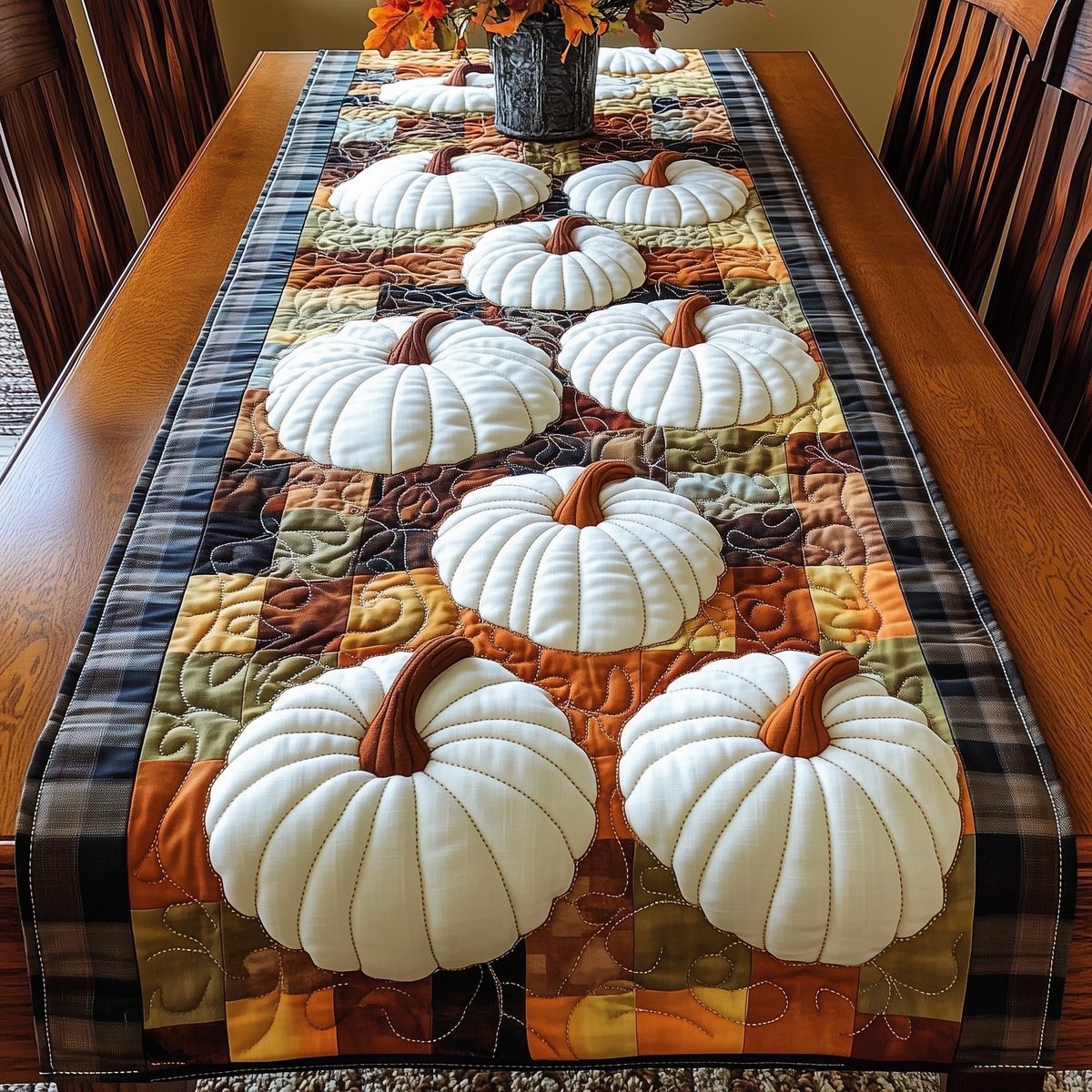 White Pumpkins on Autumn Plaid Table Runner - Made to Order TABLE928