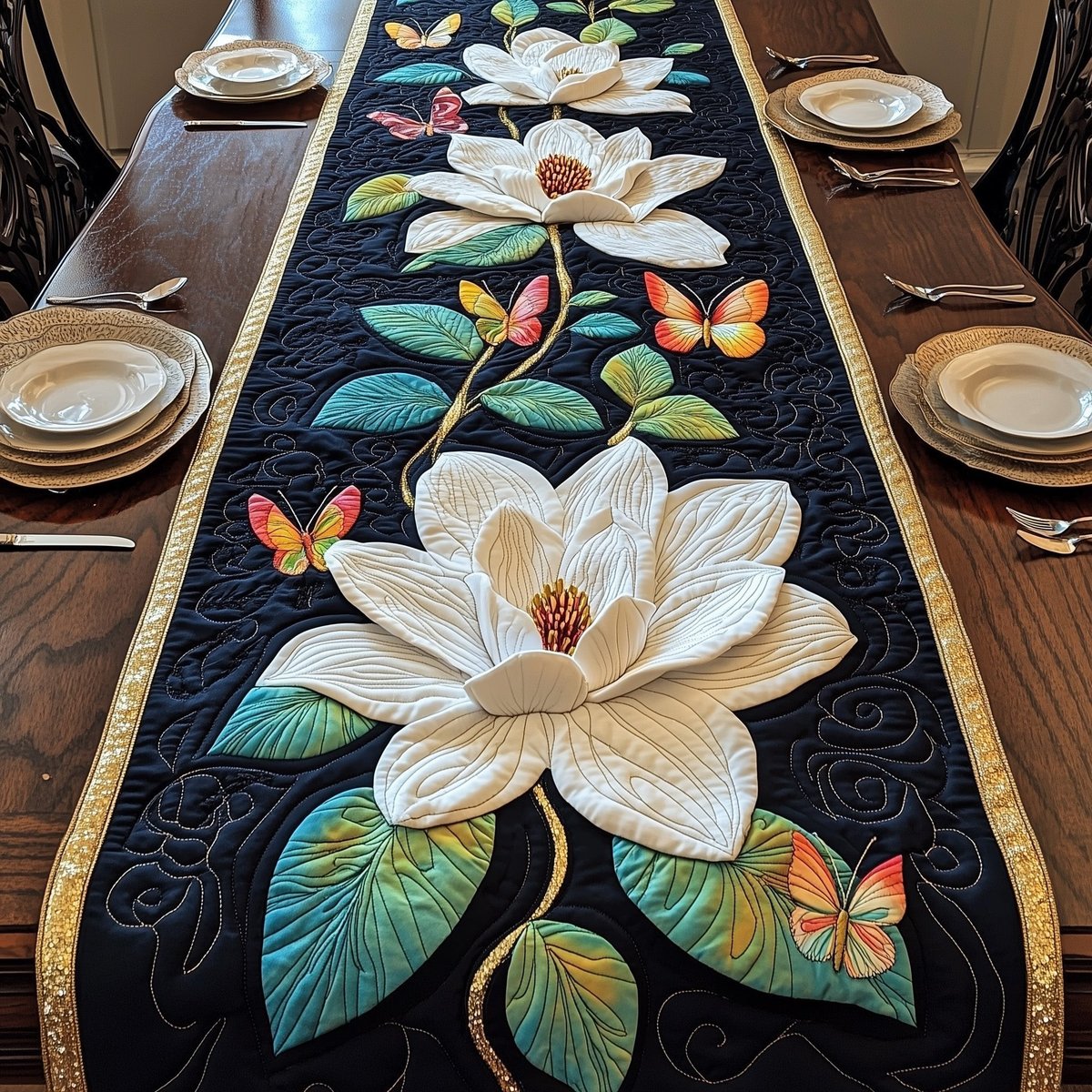 White Magnolia on Black with Butterflies Table Runner - Made to Order TABLE928