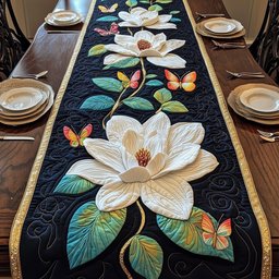 White Magnolia on Black with Butterflies Table Runner - Made to Order TABLE928