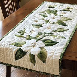 White Magnolia on Ivory Quilting Table Runner - Made to Order TABLE928