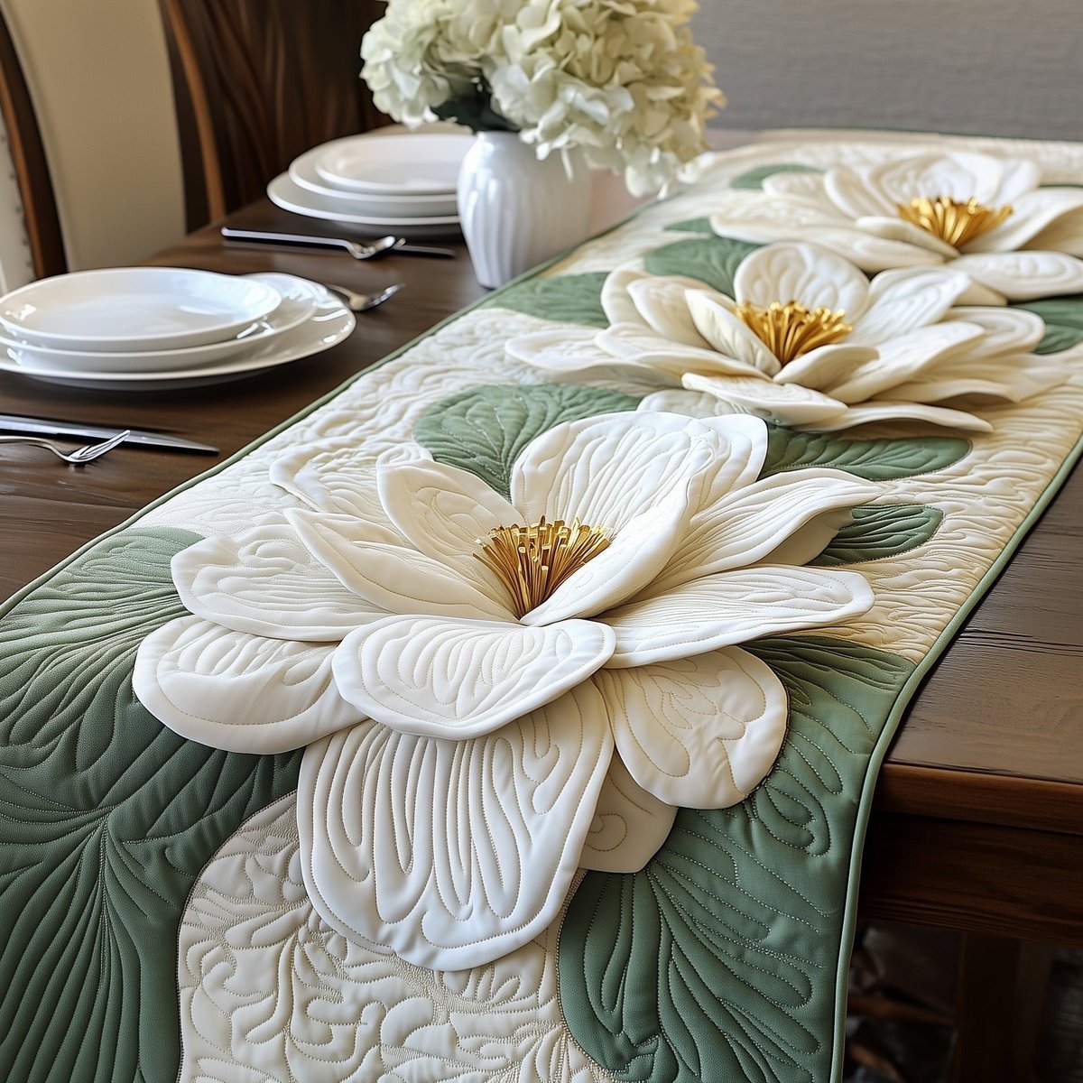 White Magnolia on Sage Green Table Runner - Made to Order TABLE928