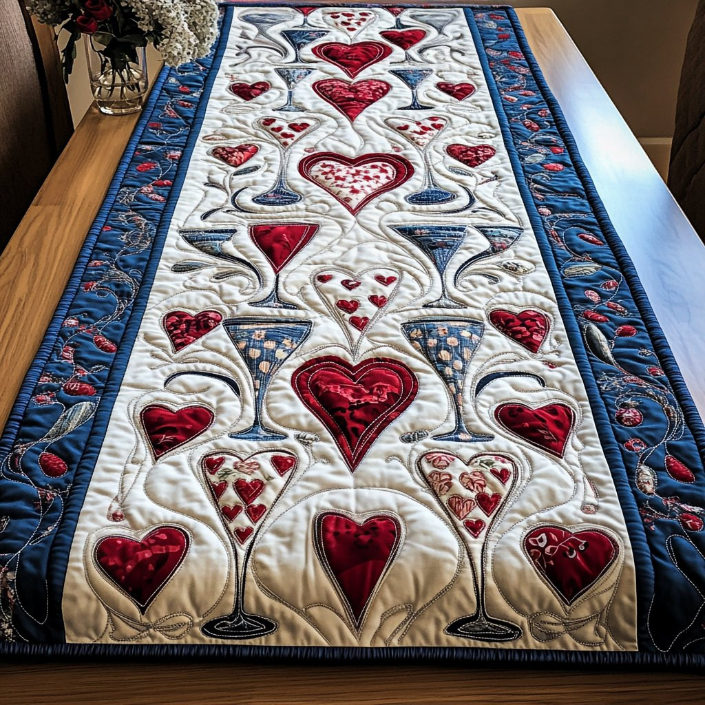 Wine Glasses with Hearts on Cream Table Runner - Made to Order TABLE928