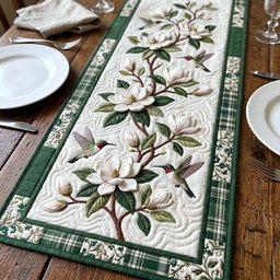 White Magnolias on Green Plaid Table Runner - Made to Order TABLE928