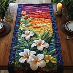 White Plumeria on Green Leaves Table Runner - Made to Order TABLE928