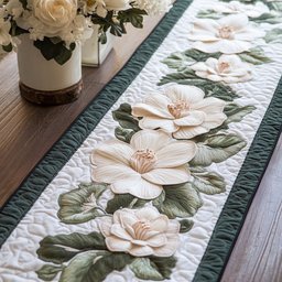 White Magnolia on Green Stripes Table Runner - Made to Order TABLE928